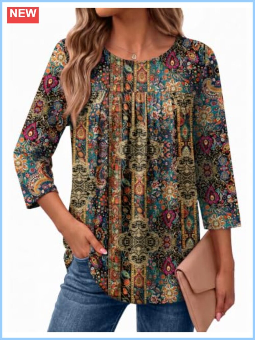 Ekouaer Womens 3/4 Sleeve Pleated Front Boho Blouse Top Curved Hem